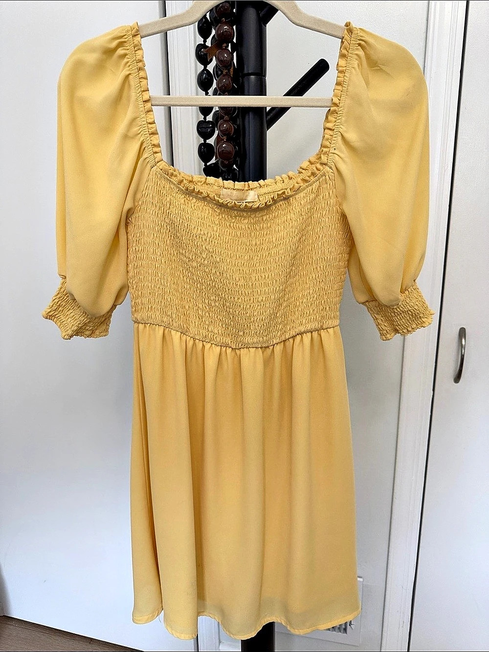Anthropologie Puff-Sleeve Square-Neck Smocked Mini Dress Yellow